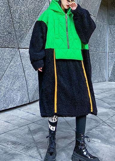 French green patchwork clothes hooded zippered Robe fall Dresses - SooLinen
