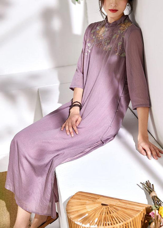 French light purple linen Wardrobes stand collar embroidery Maxi Dresses - SooLinen