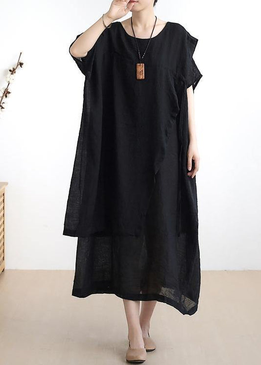 French o neck asymmetric cotton summer dress Sewing black Dresses - SooLinen