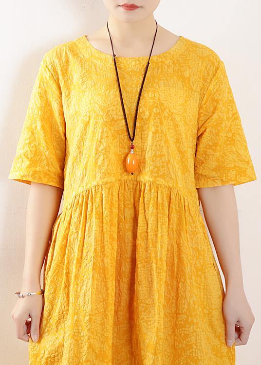 French o neck half sleeve cotton linen summer Robes yellow Dress - SooLinen