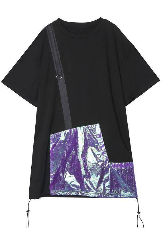 French o neck patchwork Cotton clothes Women Shirts black Dresses - SooLinen