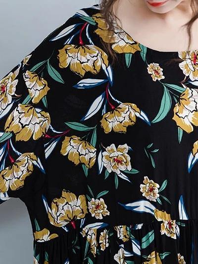 French o neck Cinched cotton Tunics Runway black print Maxi Dresses - SooLinen