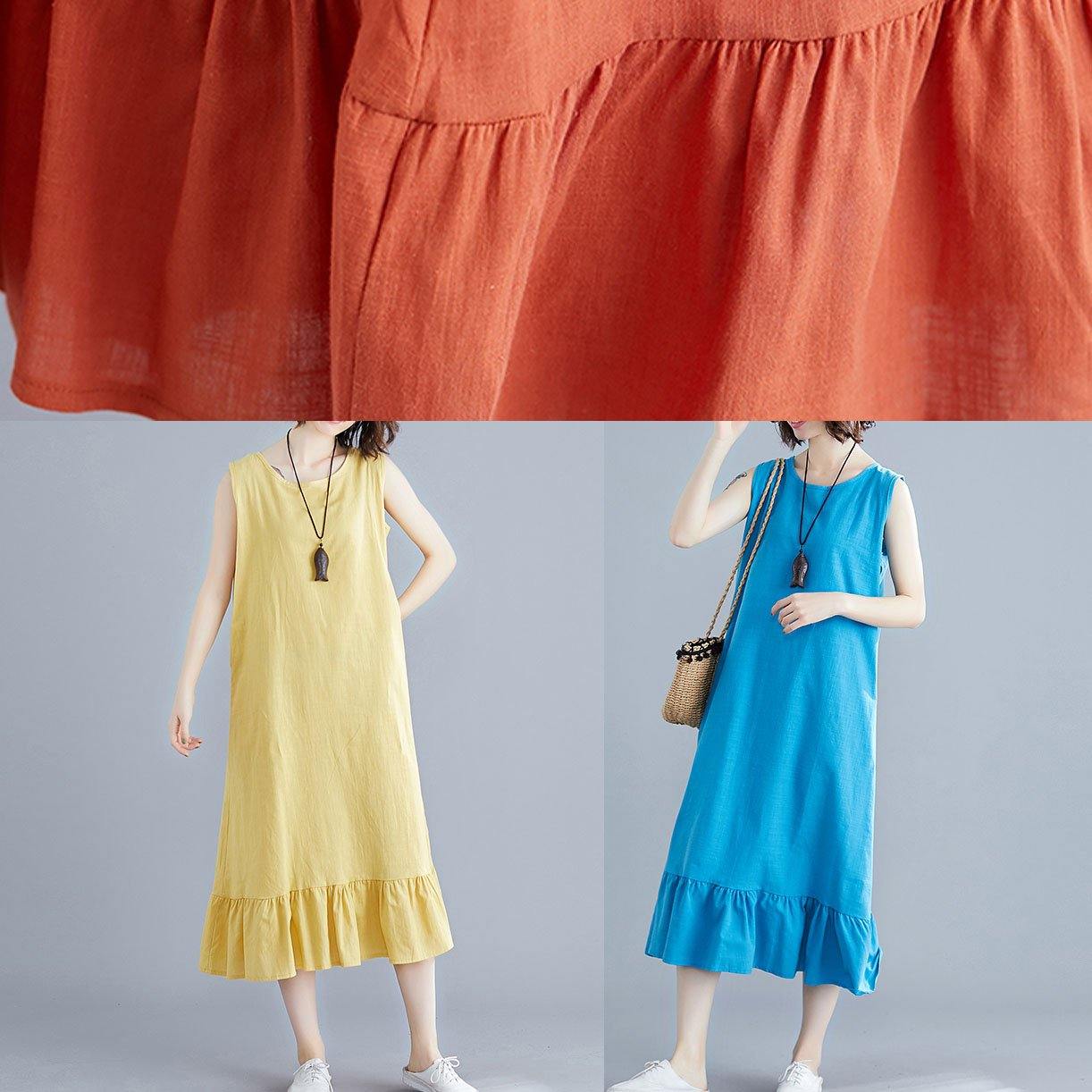 French orange linen cotton quilting clothes o neck sleeveless Love summer Dress - SooLinen