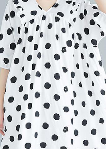French v neck Cinched Tunics Shirts white dotted Dress summer - SooLinen