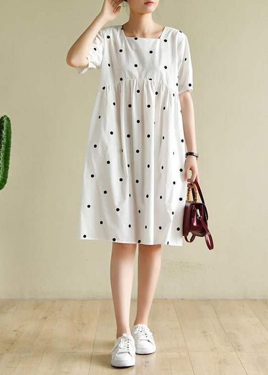 French white dotted clothes Women Square Collar shift Dresses - SooLinen
