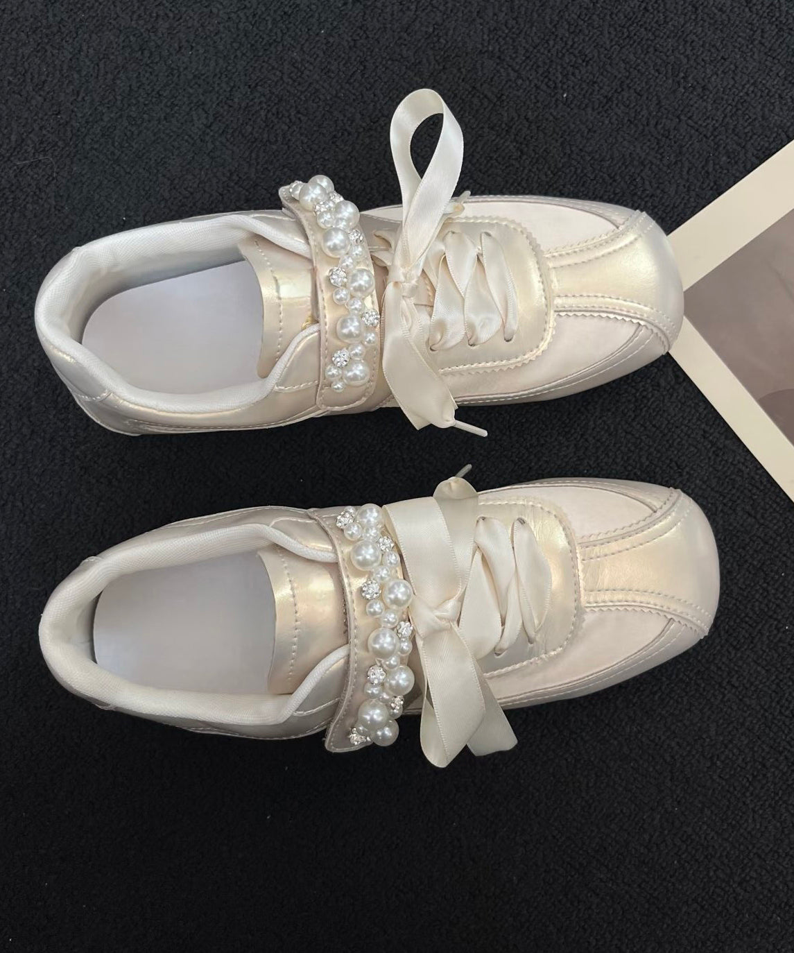 Gold Nail Bead Bow Lace Up Women Splicing Flat Shoes
