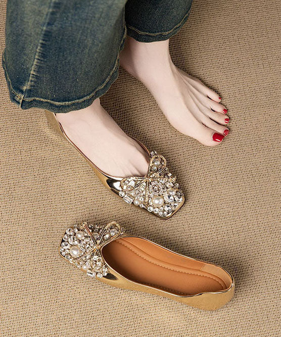 Gold Sheepskin Bow Zircon Nail Bead Splicing Flat Shoes