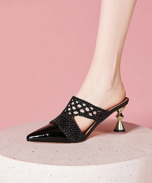 Gold Splicing High Heel Cowhide Leather Slide Sandals Hollow Out