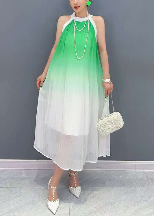 Gradient Color Green O-Neck Chiffon Maxi Dresses Sleeveless