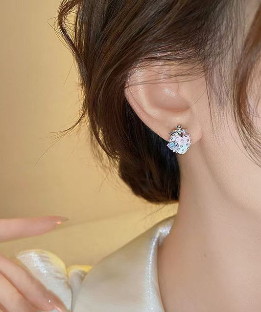 Gradient Color Pink Alloy Zircon Strawberry Stud Earrings