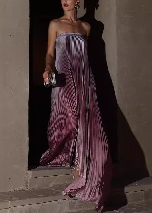 Gradient Color Purple Bustier Top Wrinkled Long Dress Sleeveless