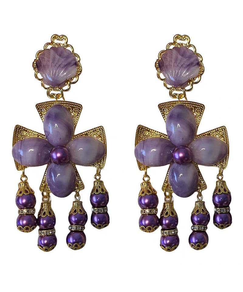 Gradient Color Purple Sterling Silver Overgild Floral Shell Tassel Drop Earrings