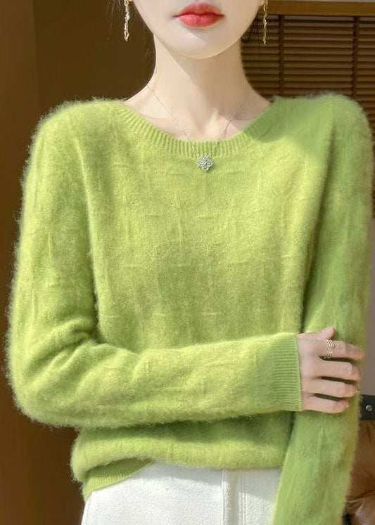 Grass Green Knitted Cotton Thread Pullover O-Neck Long Sleeve