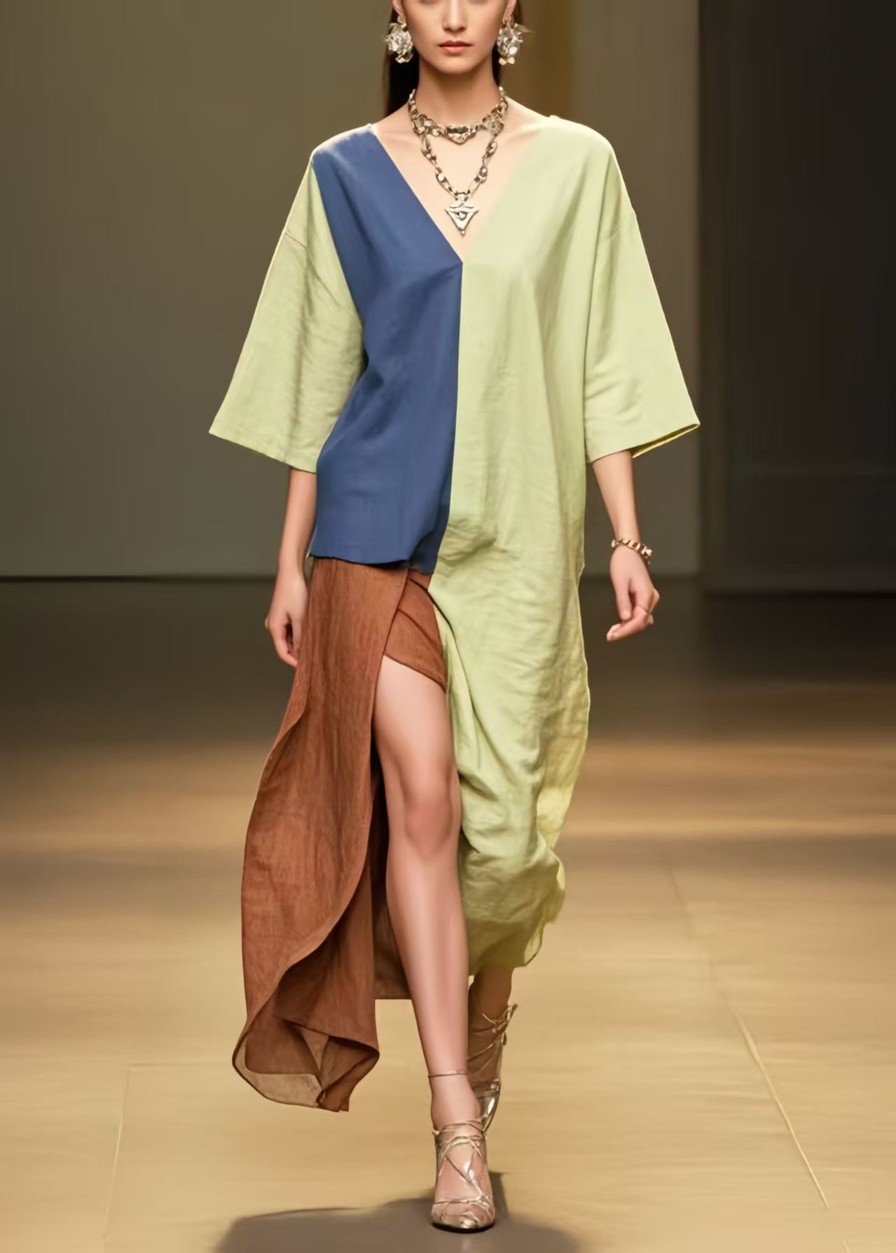 Grass Green Patchwork Cotton Dress Asymmetrical Side Open Summer