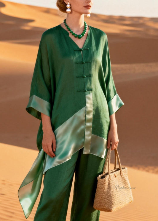 Green Button Silk Patchwork Two Pieces Set Asymmetrical Bracelet Sleeve