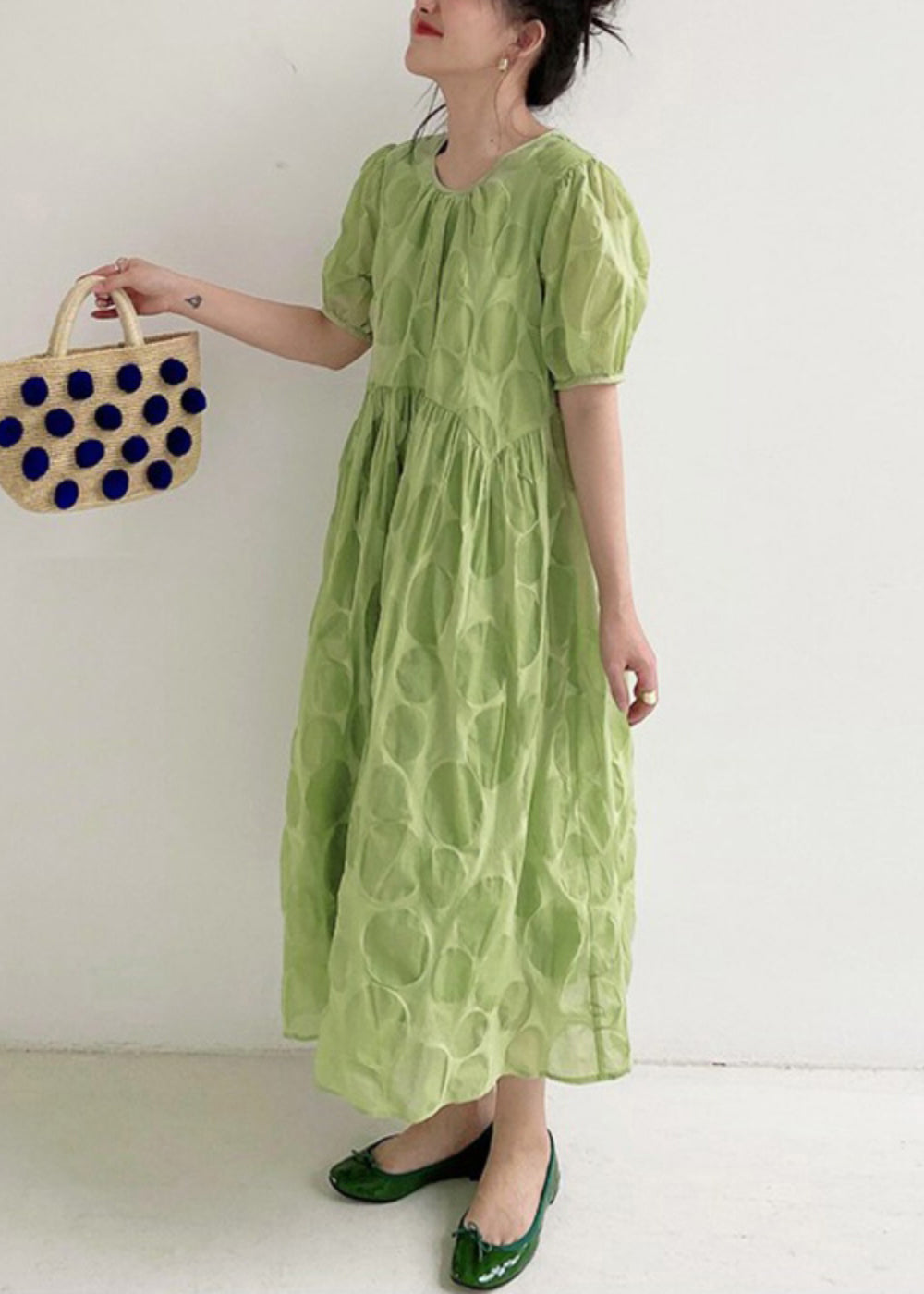 Green Dot High Waist Cotton Long Dresses O Neck Summer