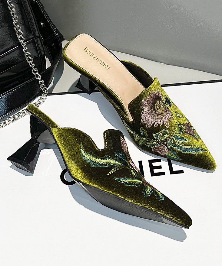 Green Embroidered Splicing High Heel Slide Sandals Pointed Toe