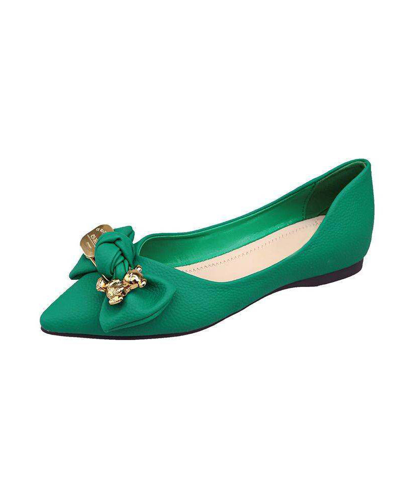 Green Faux Leather Bow Splicing Pointed Toe Flat Shoes For Women