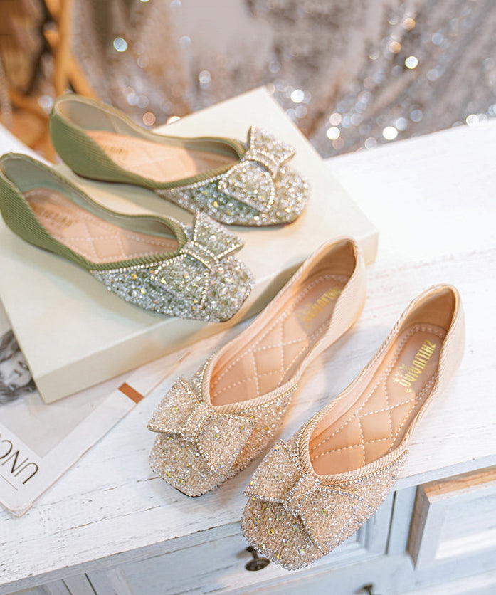 Green Flat Shoes Satin Women Splicing Bow Zircon