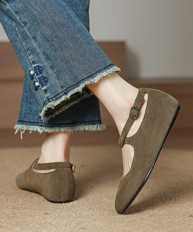 Green Flats Cowhide Leather Casual Buckle Strap Flat Shoes