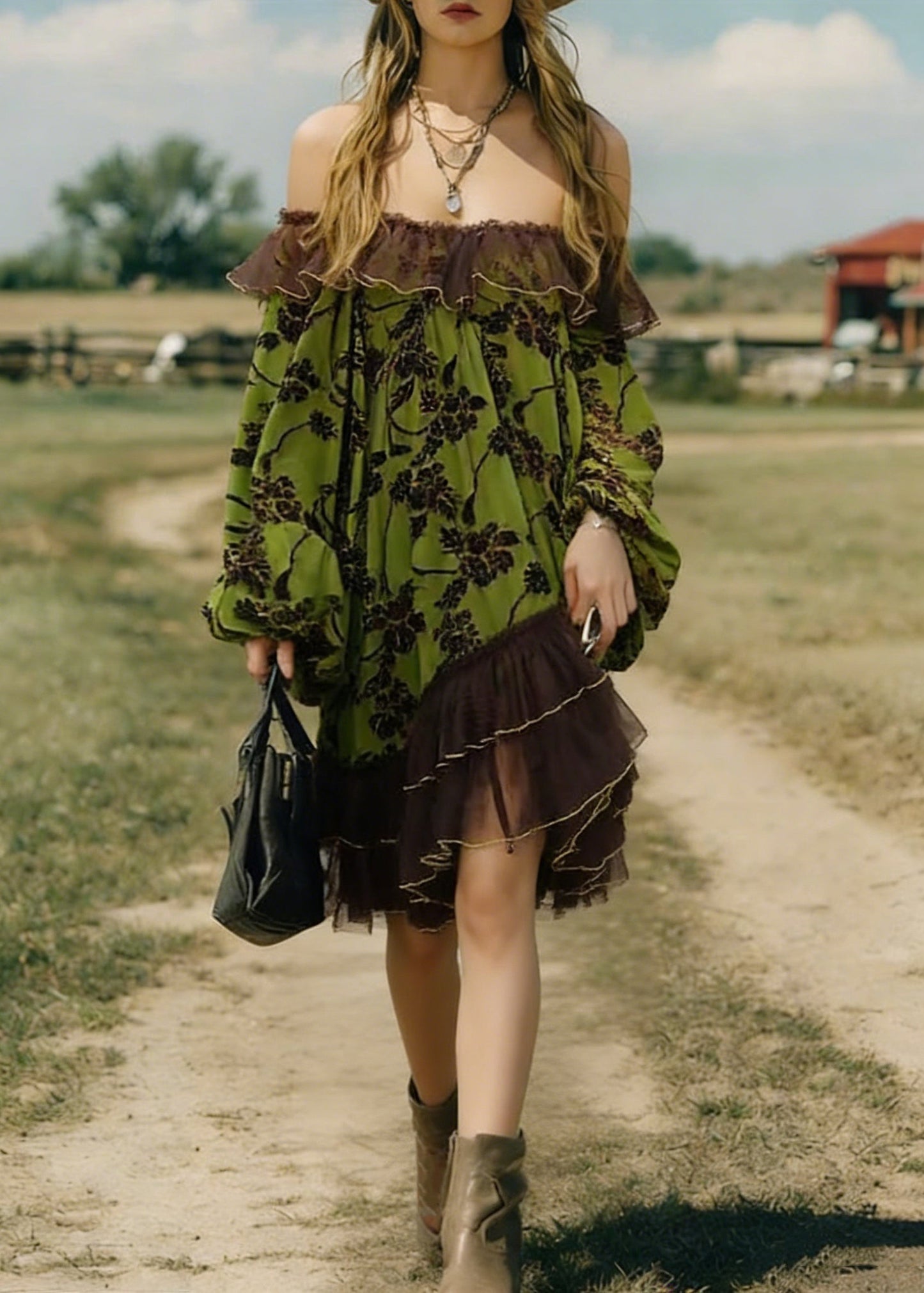 Green Flocking Print Tulle Patchwork Mid Dress Lantern Sleeve