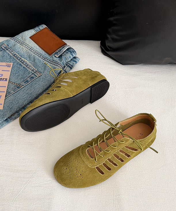 Green Hollow Out Lace Up Suede Boutique Splicing Flat Shoes