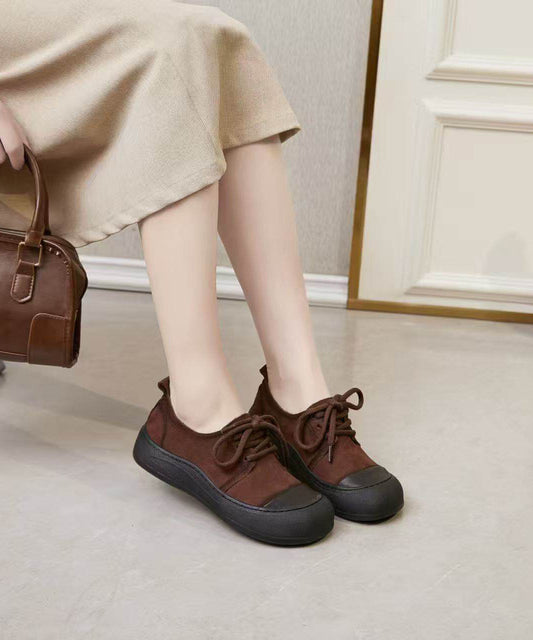 Green Lace Up Cowhide Leather Vintage Splicing Flat Feet Shoes