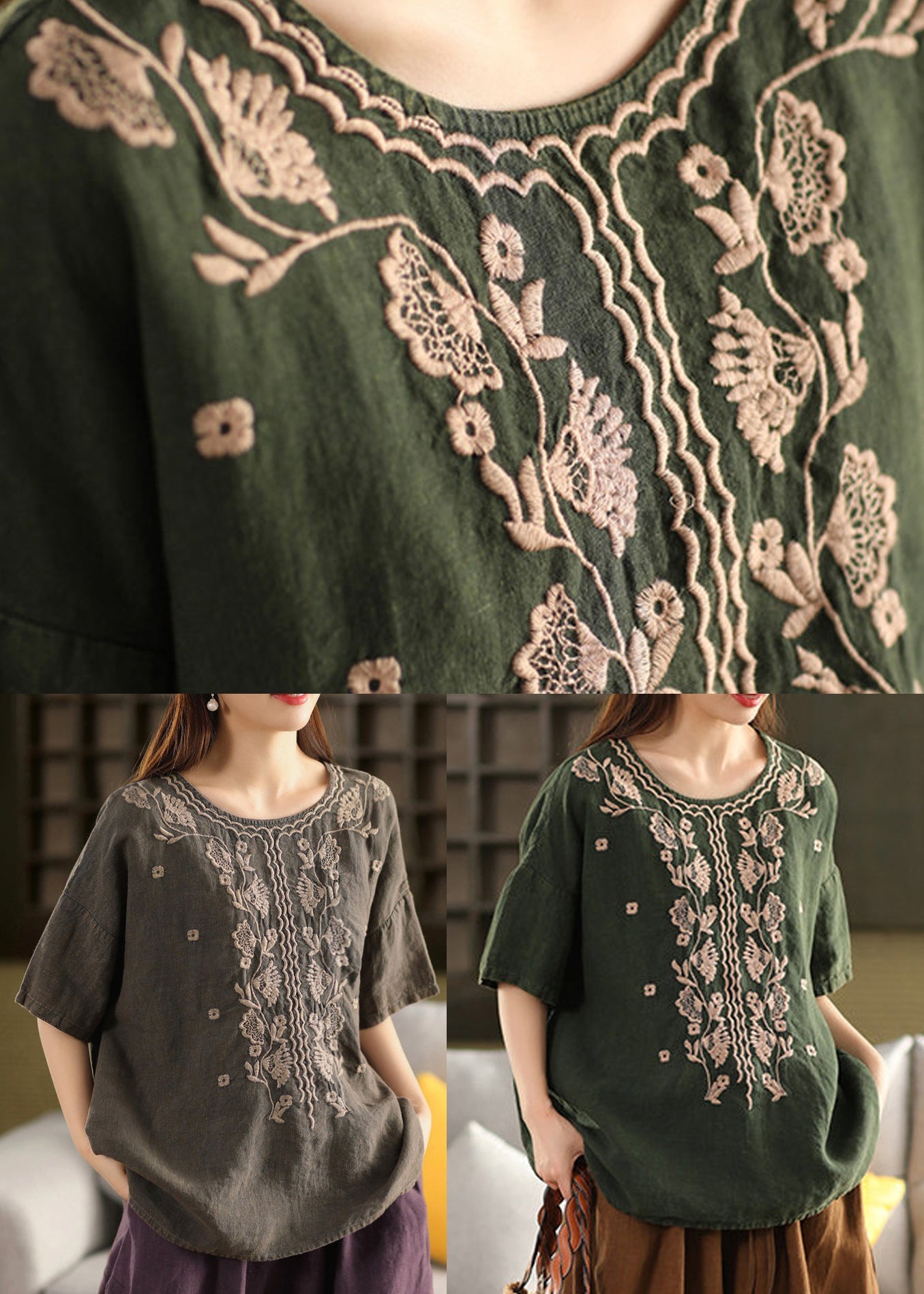 Green Linen Loose T Shirt Tops O Neck Embroidered Summer