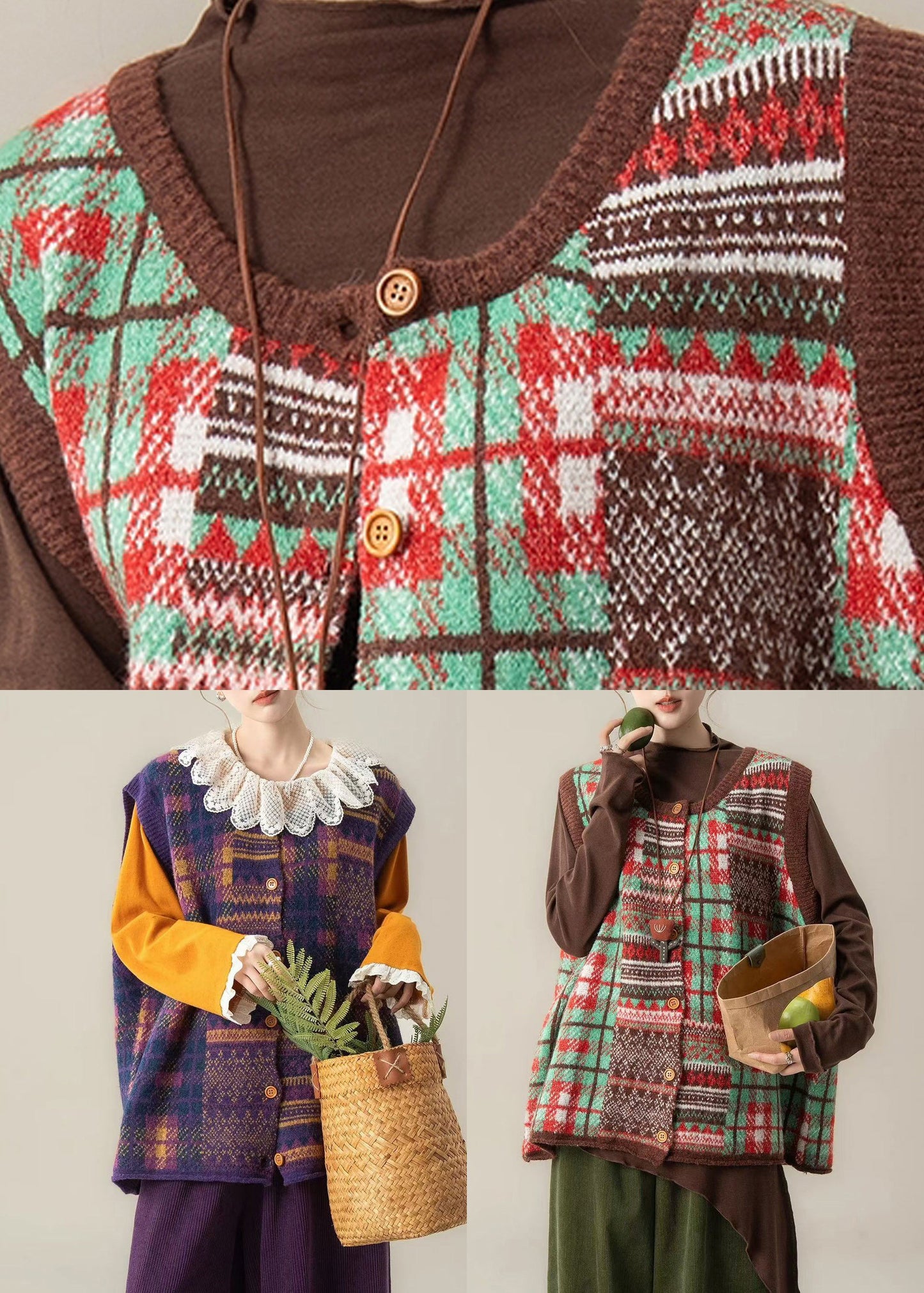 Green Patchwork Button Thick Cotton Knit Waistcoat Fall