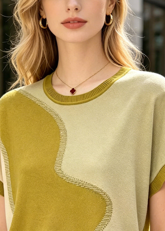 Green Patchwork Knit Blouse Tops Oversized Summer