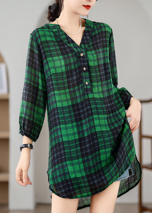 Green Plaid Linen Day Dress V Neck Bracelet Sleeve