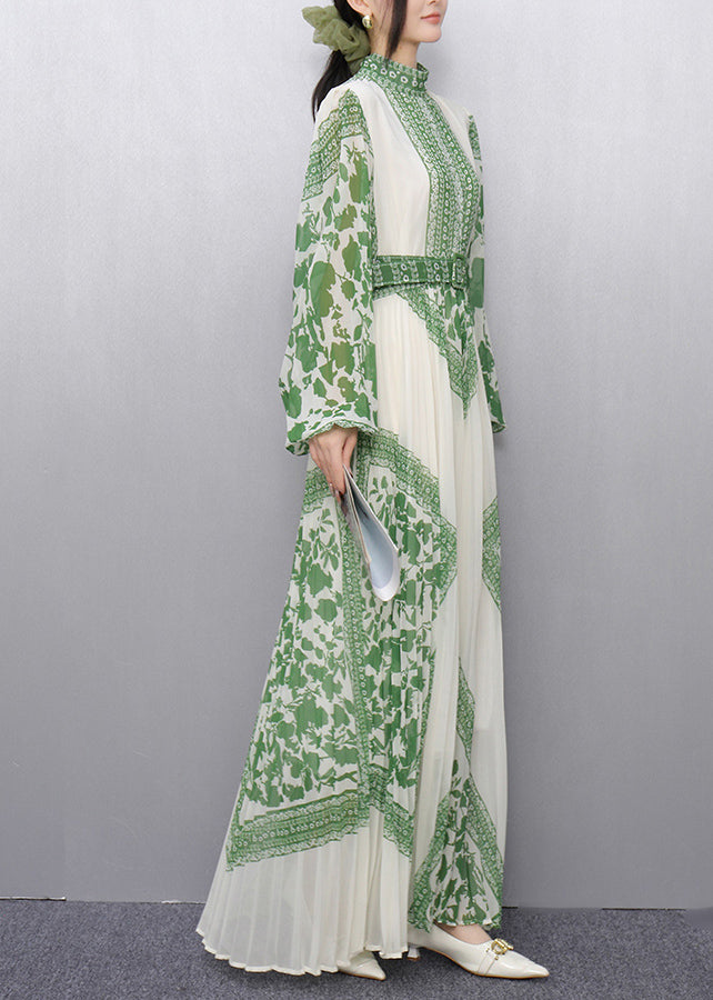 Green Print Chiffon Vestidos Dress Cinched Wrinkled Summer