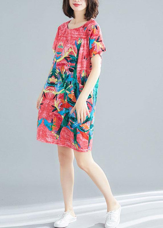 Green Print O-Neck Pockets Summer Short Sleeve Party Dresses - SooLinen