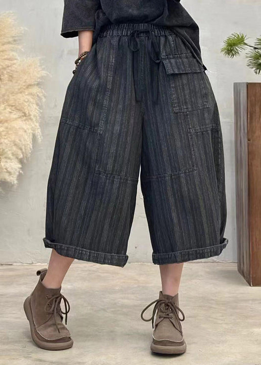Green Striped Patchwork Denim Crop Pants Elastic Waist Fall