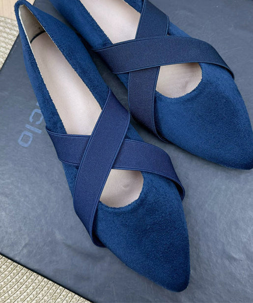 Green Suede Flat Shoes For Women Splicing Cross Strap Pointed Toe