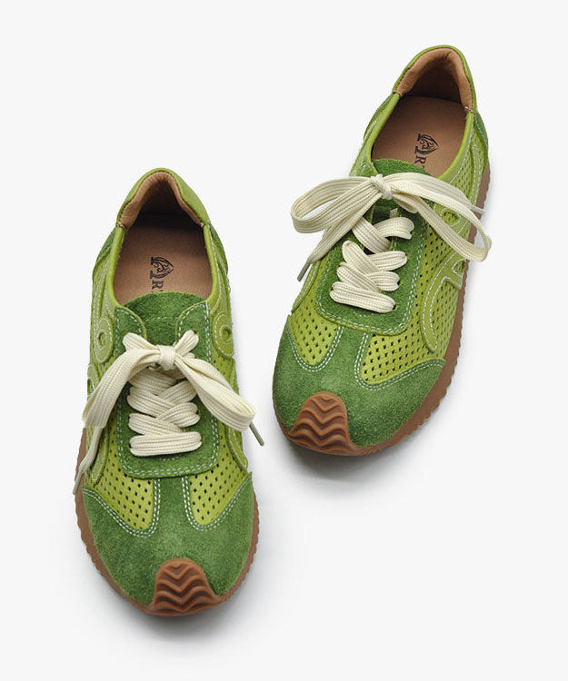 Green Suede Women Splicing Flat Shoes Hollow Out Lace Up