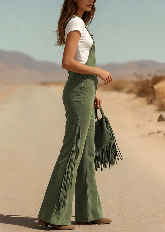 Green Tassel Patchwork Faux Suede Jumpsuit Sleeveless