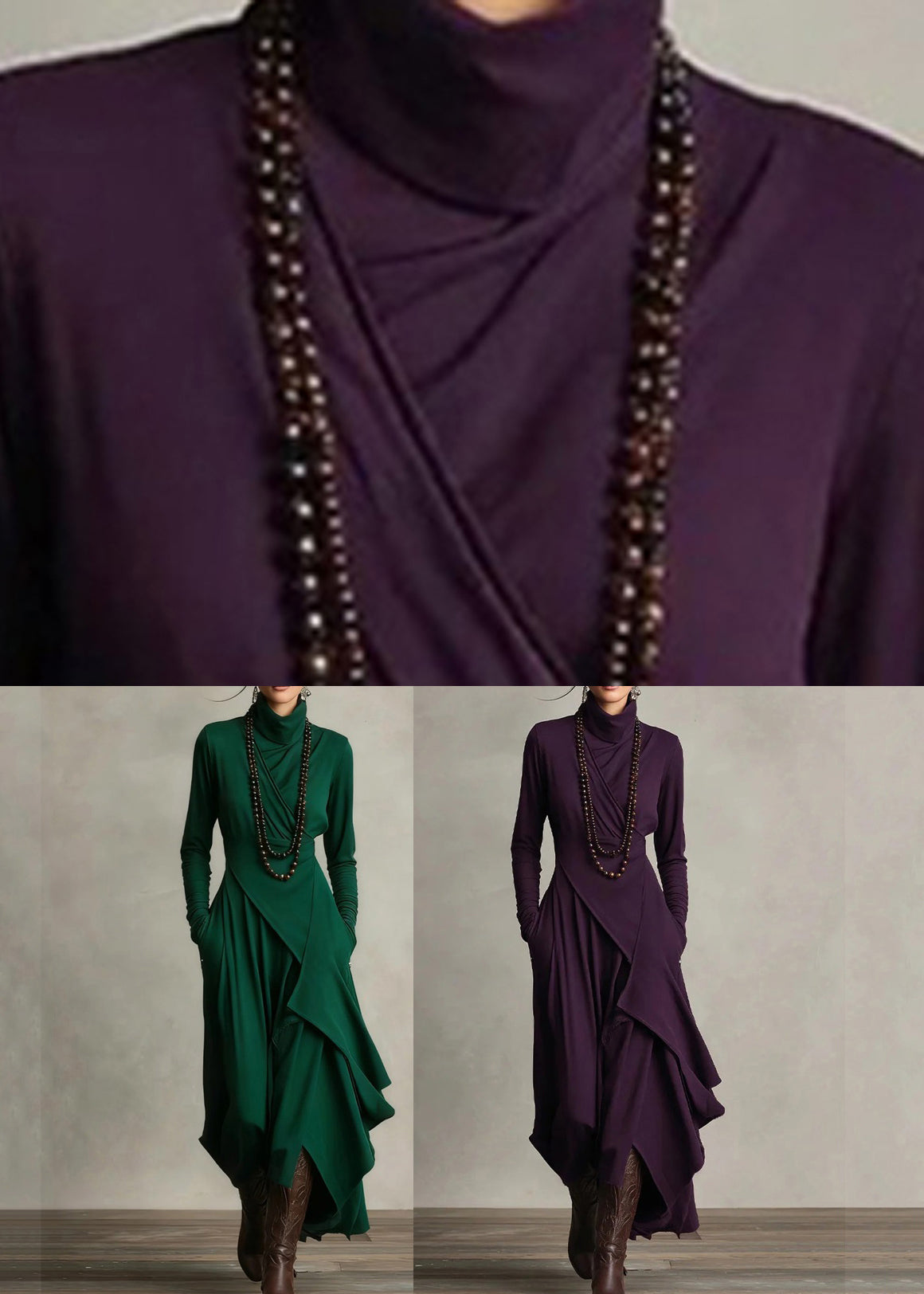 Green Turtleneck Patchwork Solid Maxi Dress Fall