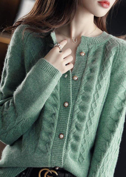 Green Warm Wool Cable Knit Cardigans O-Neck Pearl Button Winter