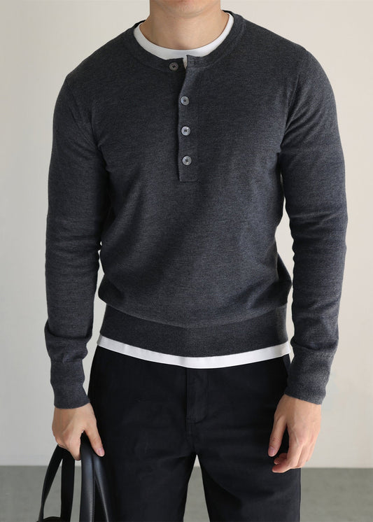 Grey Button Solid Woolen Knit Men Sweater O Neck