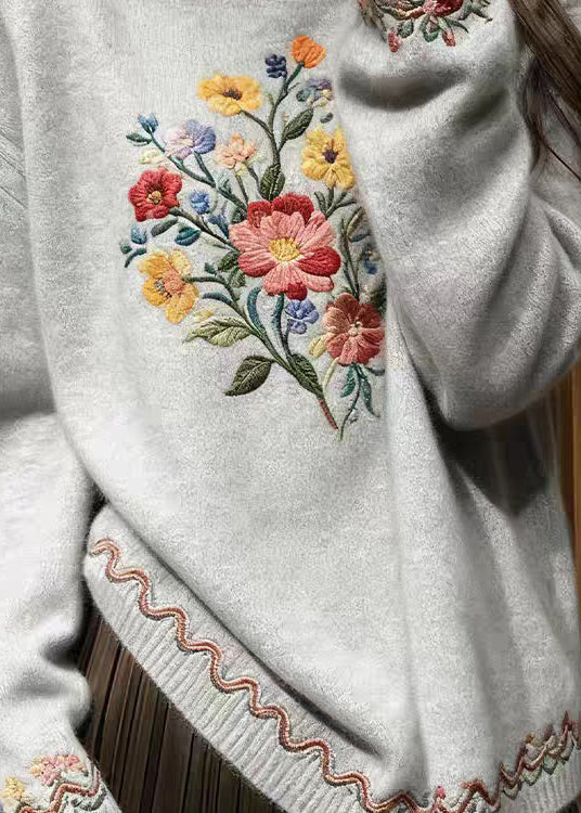 Grey Floral Cozy Knit Sweater O-Neck Spring