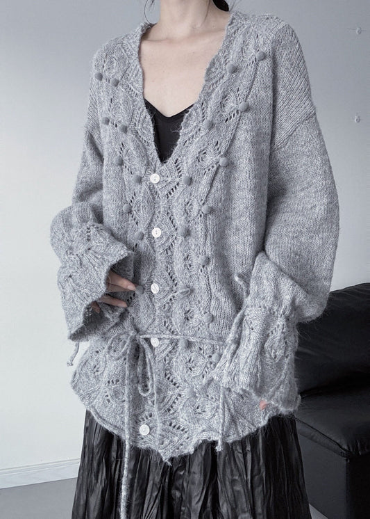Grey Hollow Out Knit Cardigan Fuzzy Ball Decorated Fall