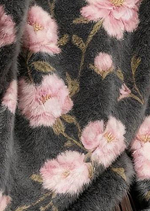 Grey Jacquard Thick Mink Hair Knitted Sweater top O Neck