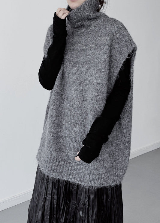 Grey Knit Pullover Oversized High Collar Sleeveless