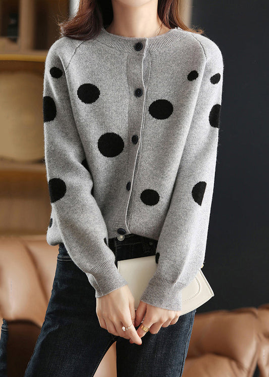 Grey O-Neck Patchwork Cotton Knit Cardigans Lantern Sleeve