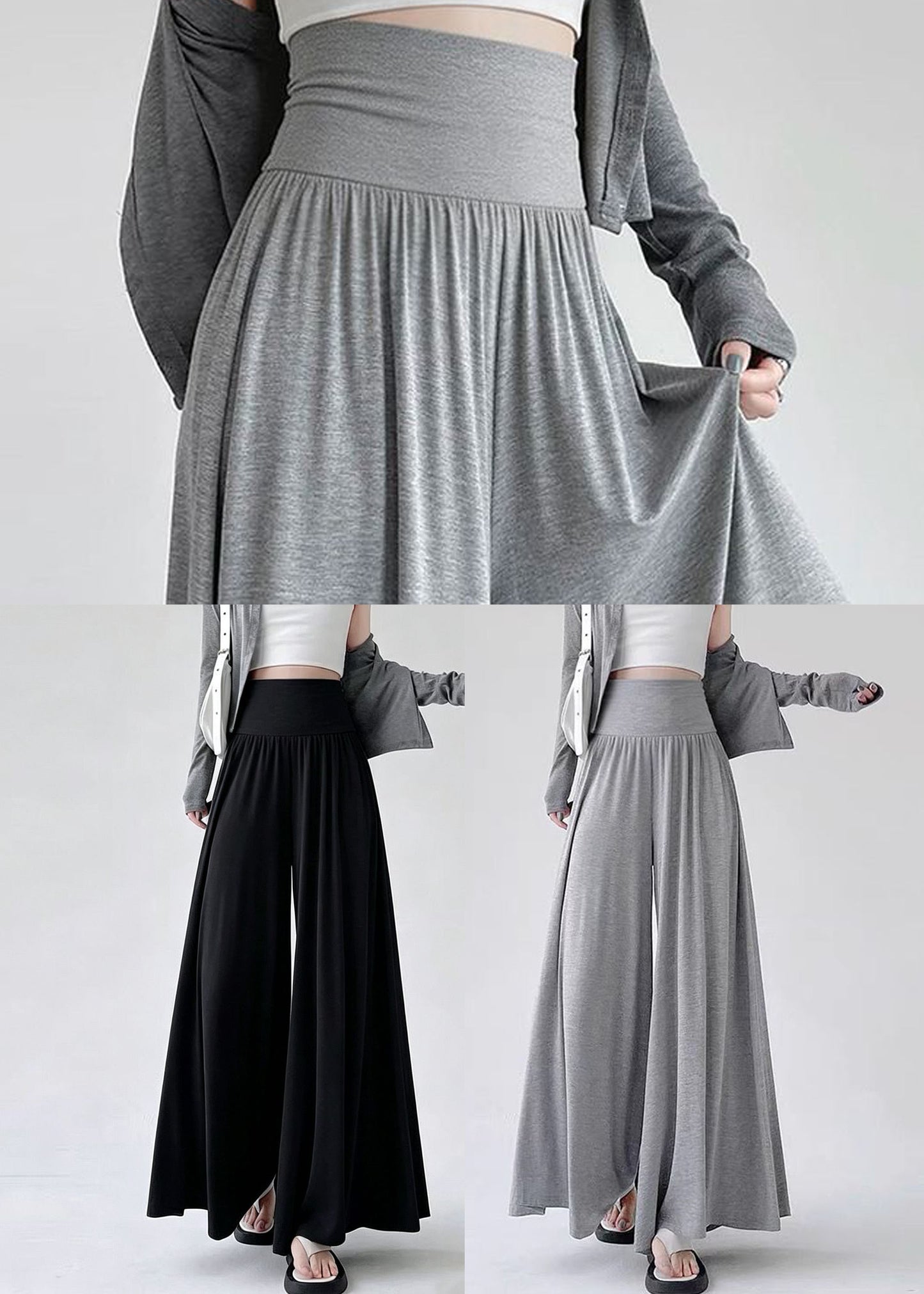 Grey Patchwork Casual Cotton Wide Leg Pants High Waist Summer