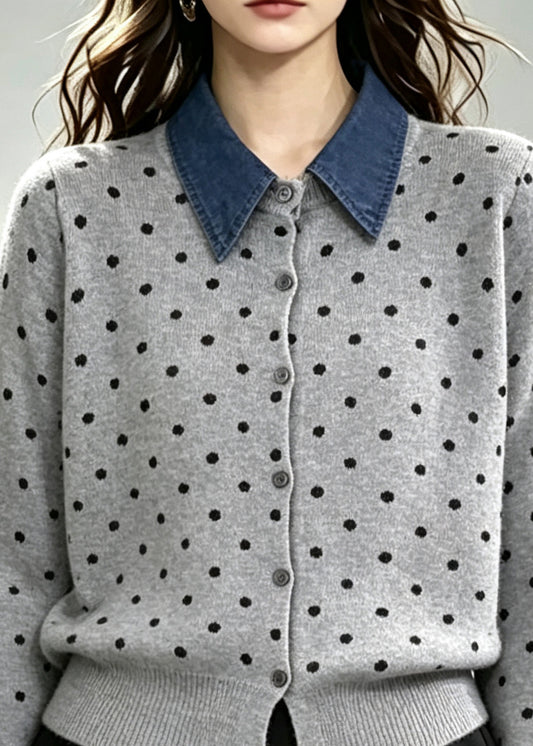 Grey Patchwork Knitted Fake Two Piece Tops Peter Pan Collar Winter