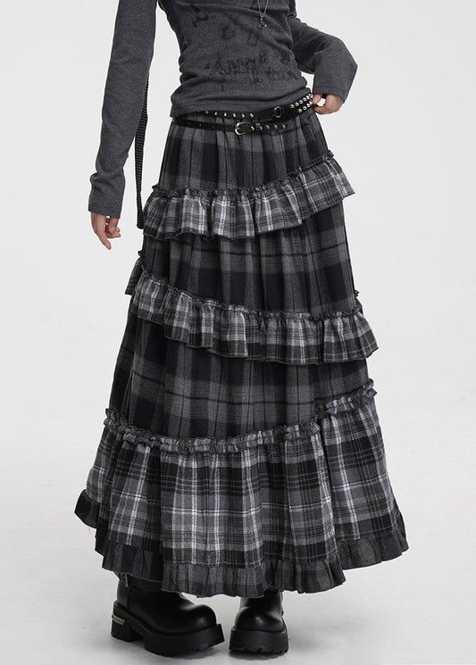Grey Plaid Elastic Waist Patchwork Cotton Skirt Ruffled