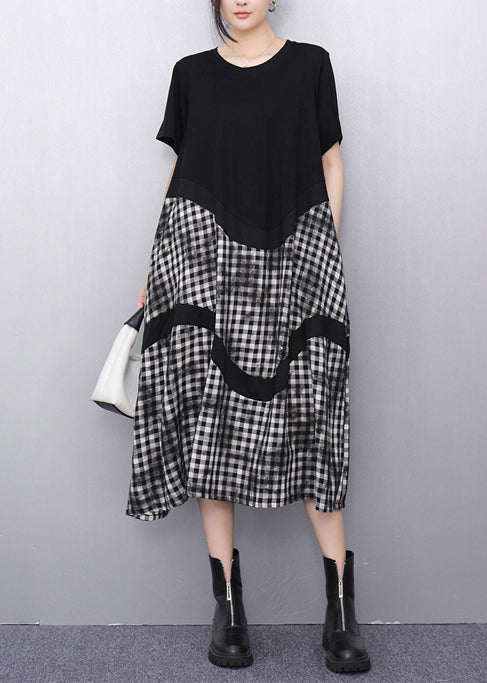 Grey Plaid Patchwork Cotton Vacation Dresses Summer