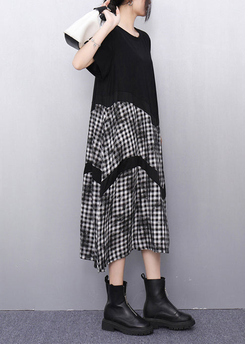Grey Plaid Patchwork Cotton Vacation Dresses Summer